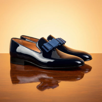 Black Patent Leather mens house Slippers Loafers with Navy blue Ribbon Bow Prom Wedding