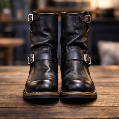 Engineer boots men Handmade Men’s Black Leather motorbiker Boots, Mid Calf motorcycle Boots with Buckle Straps, gift for him