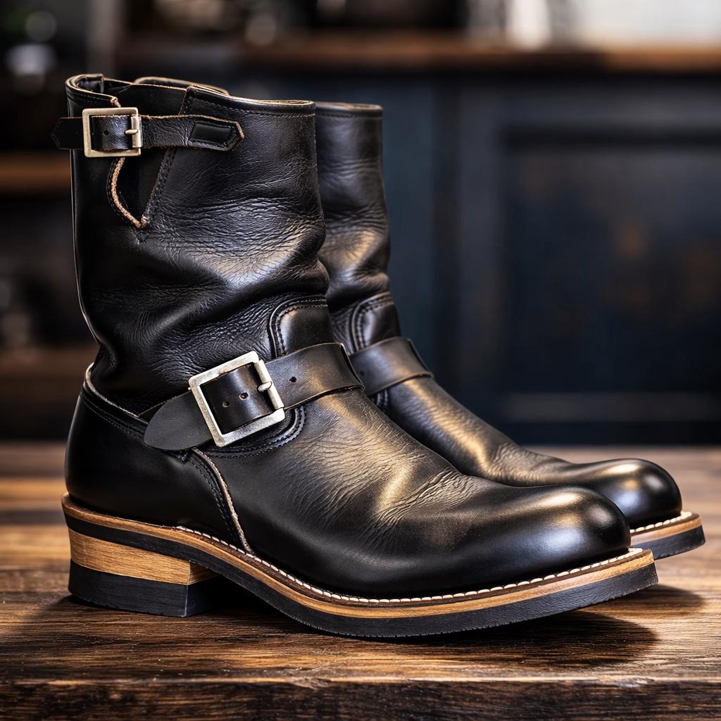Engineer boots men Handmade Men’s Black Leather motorbiker Boots, Mid Calf motorcycle Boots with Buckle Straps, gift for him