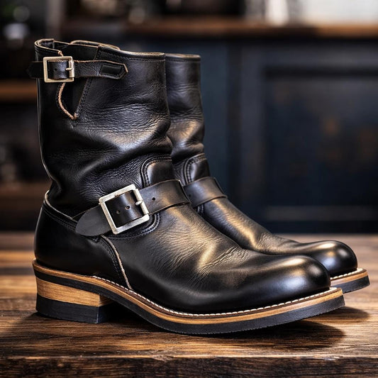 Engineer Boots Men | Black Leather Biker Boots | Goodyear Welt Motorcycle Boots | Mid Calf Work Boots for Mens