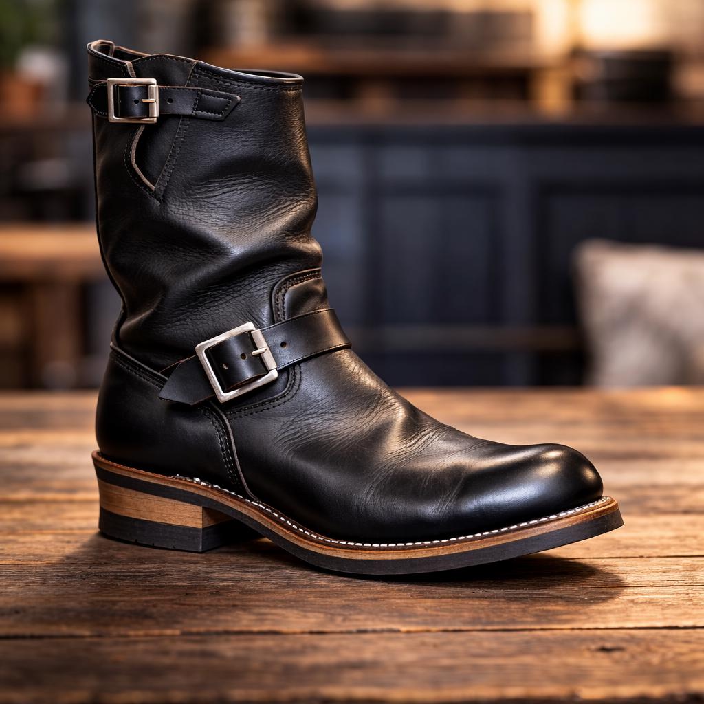 Engineer boots men Handmade Men’s Black Leather motorbiker Boots, Mid Calf motorcycle Boots with Buckle Straps, gift for him