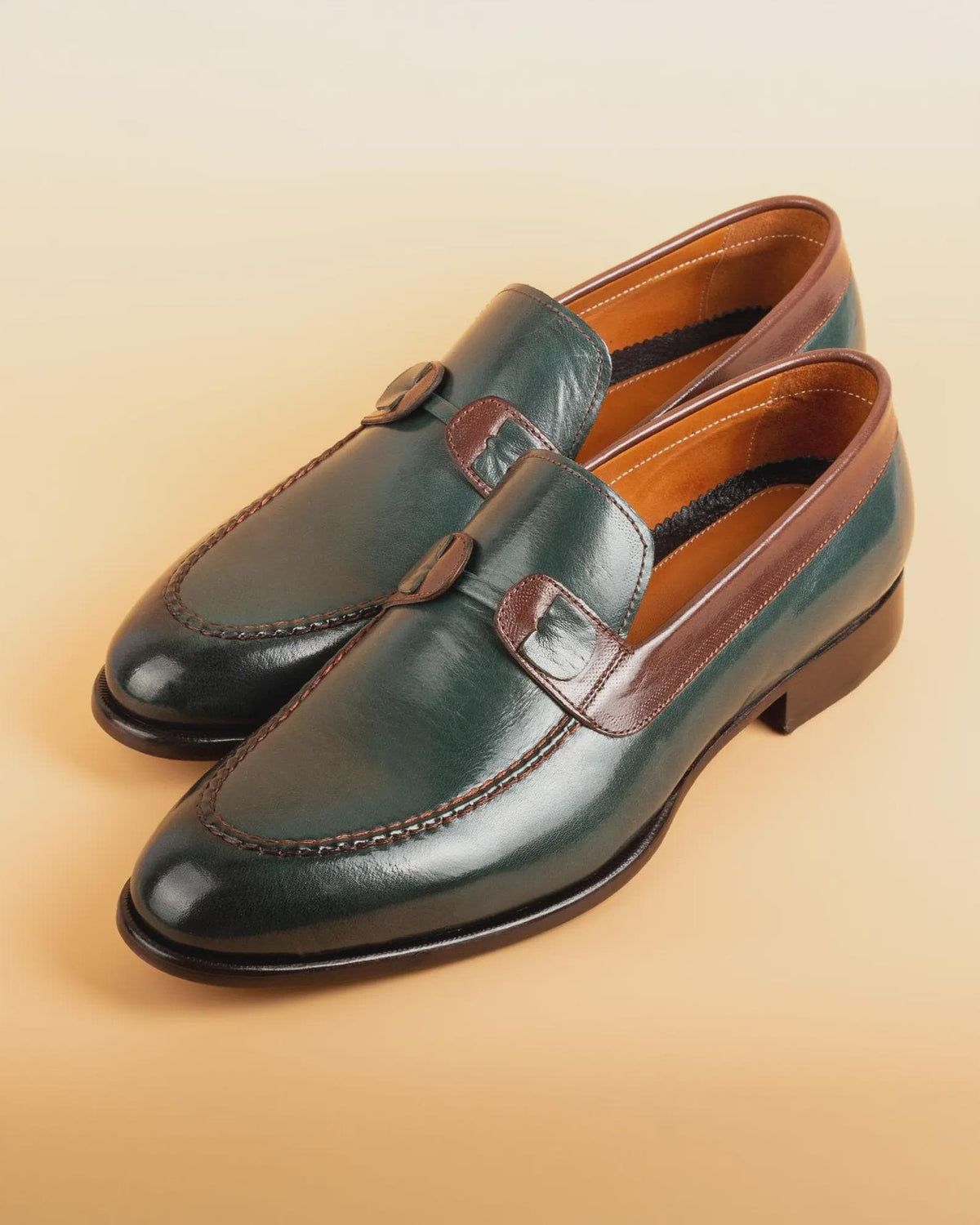 Custom Wedding shoes, Tahan Green Crust Buffalo Leather Loafers, Blake Stitched Handmade Dress Shoes