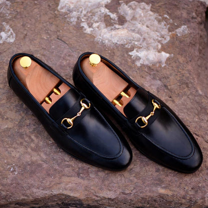 Handmade Black Leather Men's Loafers, Italian Style Slip Ons Horsebit Loafers