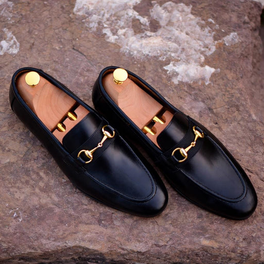 Handmade Black Leather Men's Loafers, Italian Style Slip Ons Horsebit Loafers