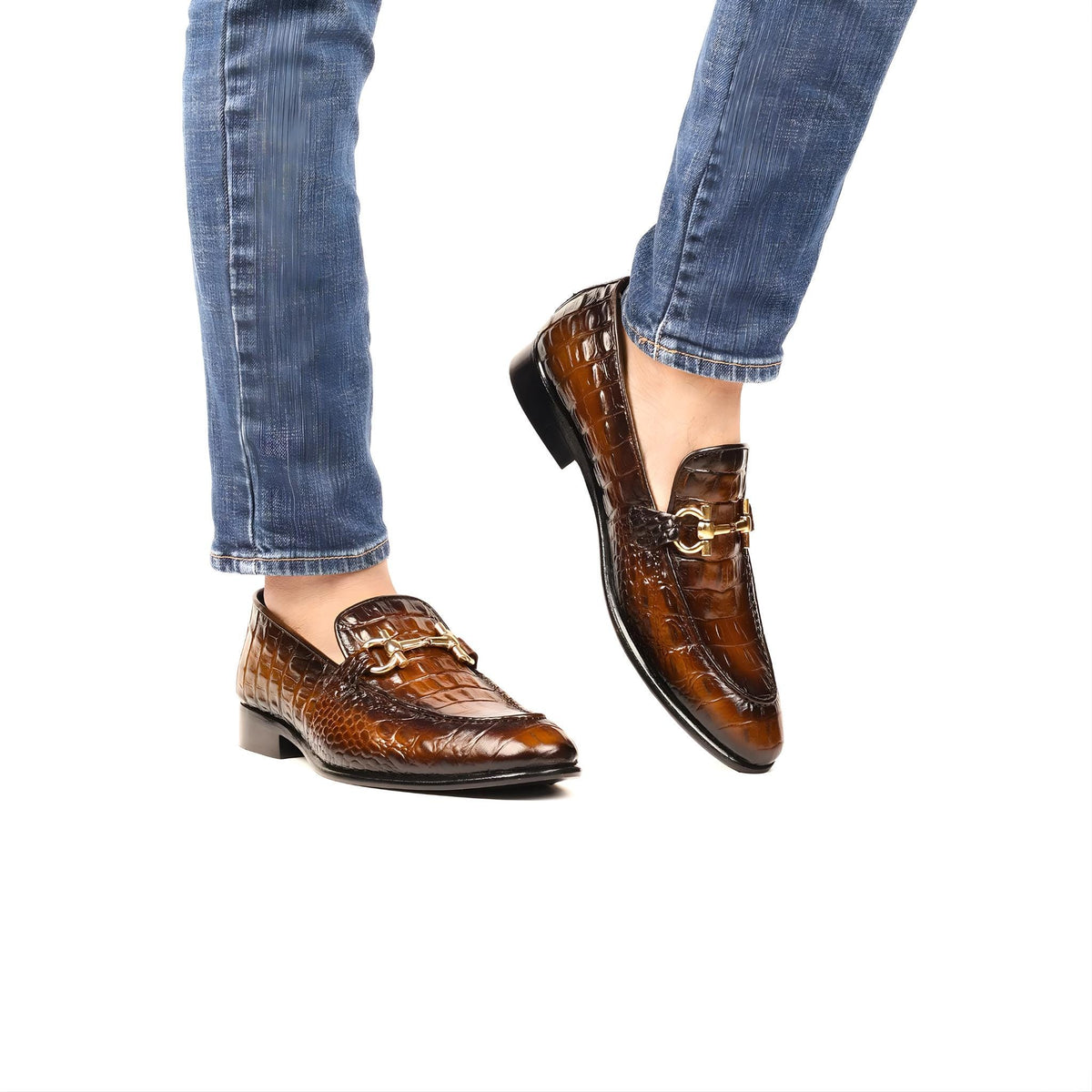 Handmade Mens shoes Genuine Leather Alligator Textured Brown Slip On Loafers, Custom shoes