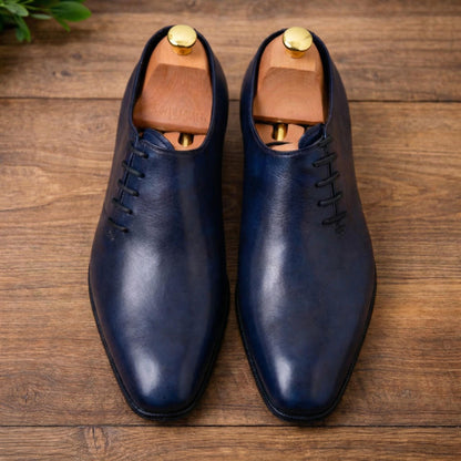 wedding shoes Handmade Navy Blue Oxford Dress Shoes, Side Lace Whole Cut footwear