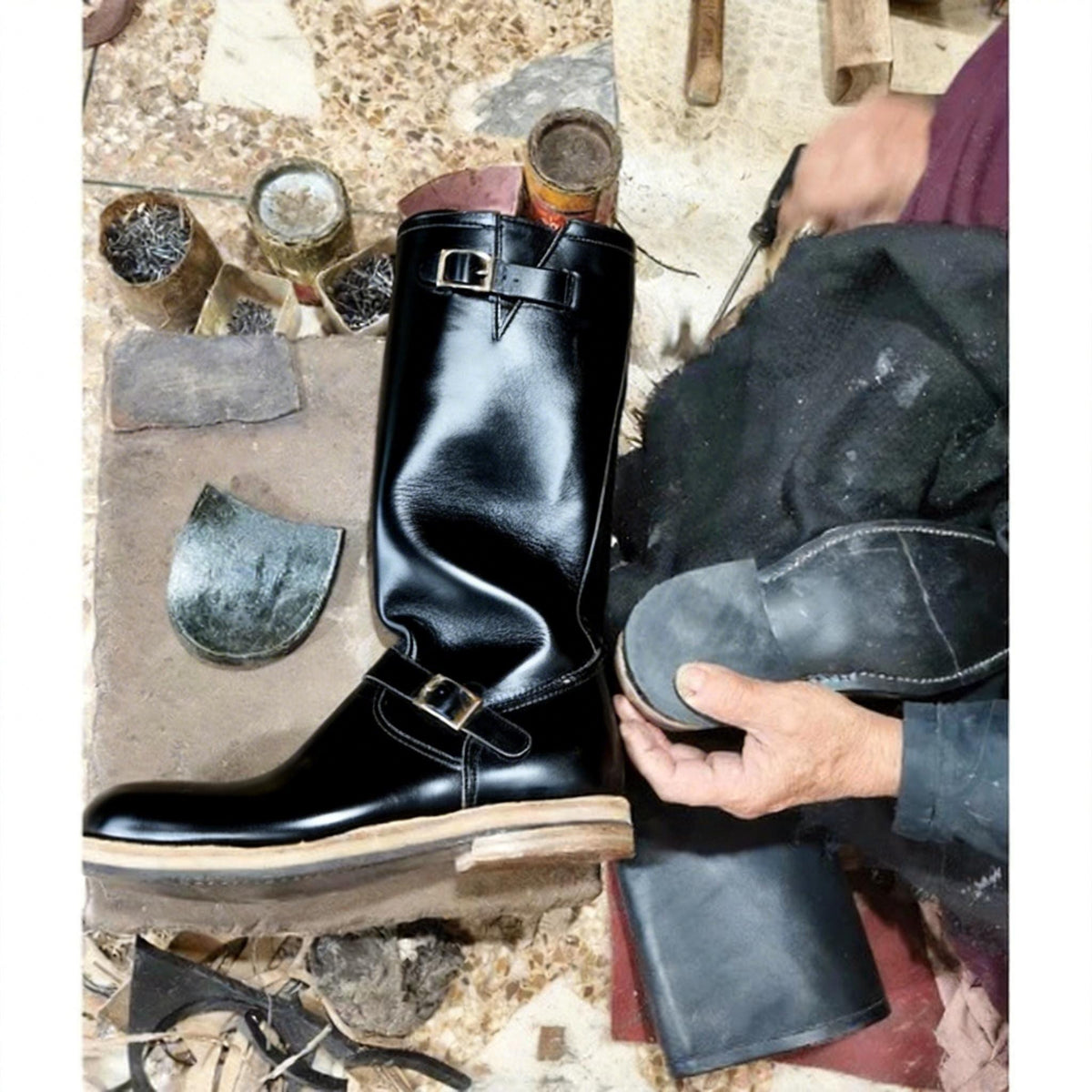 Handmade Men's Black Genuine Leather Engineer boots, Motorcycle Boots