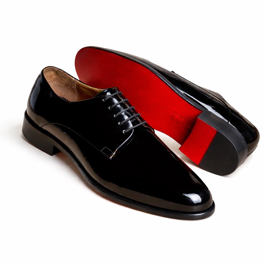 handmade shoes Men's Vinson Black Patent Leather Derby Shoes, Blake Stitched Tuxedo Dress Shoes