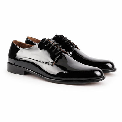 handmade shoes Men's Vinson Black Patent Leather Derby Shoes, Blake Stitched Tuxedo Dress Shoes