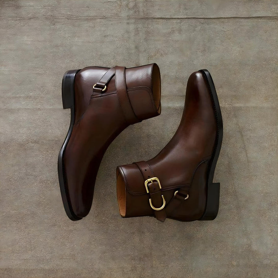 Handmade Brown Jodhpur Leather Boots with Brass Buckle | Elegant Dress Ankle mens Boots