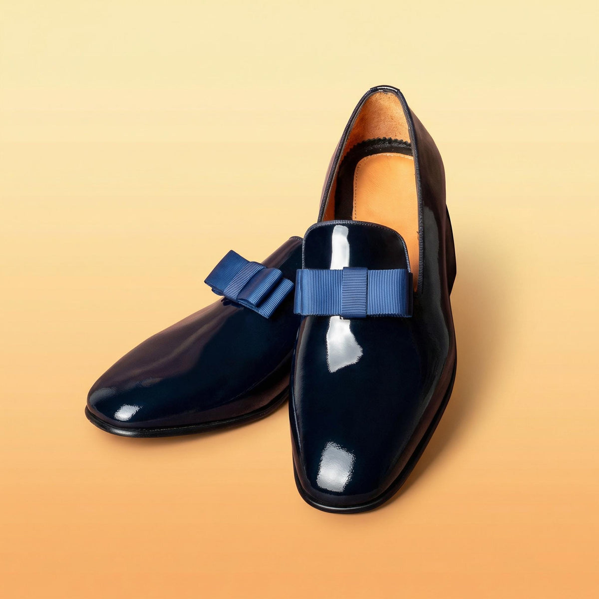 Black Patent Leather mens house Slippers Loafers with Navy blue Ribbon Bow Prom Wedding