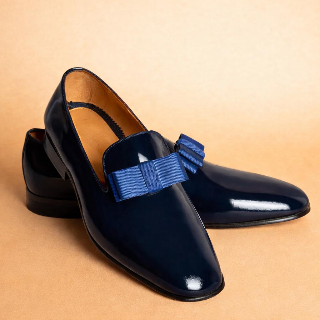 Black Patent Leather mens house Slippers Loafers with Navy blue Ribbon Bow Prom Wedding