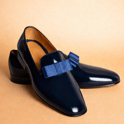 Black Patent Leather mens house Slippers Loafers with Navy blue Ribbon Bow Prom Wedding