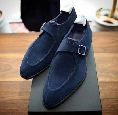 Handmade Blue Suede Monk Strap Shoes - Mens Dress shoes
