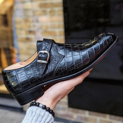 Handmade leather shoes, Alligator Embossed Leather pattern, Single Monk Strap Shoes For Men