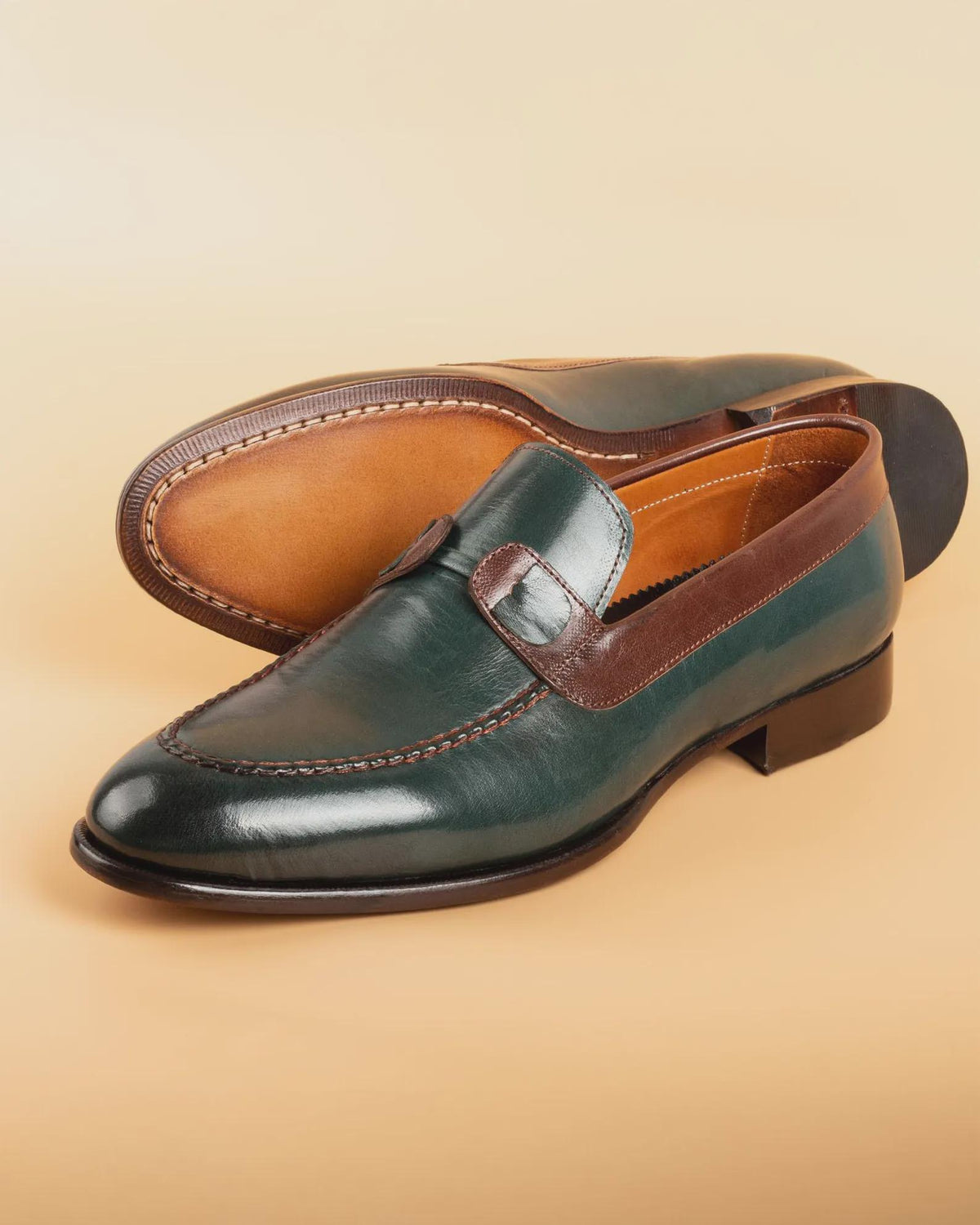 Custom Wedding shoes, Tahan Green Crust Buffalo Leather Loafers, Blake Stitched Handmade Dress Shoes