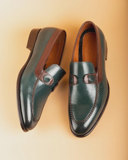 Custom Wedding shoes, Tahan Green Crust Buffalo Leather Loafers, Blake Stitched Handmade Dress Shoes
