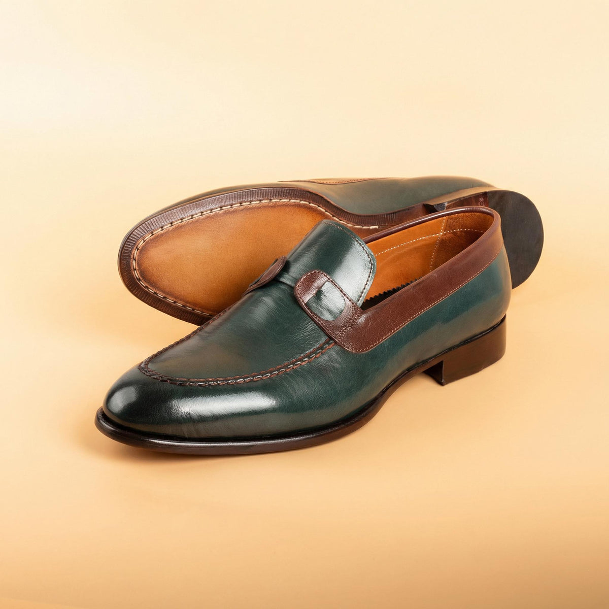 Custom Wedding shoes, Tahan Green Crust Buffalo Leather Loafers, Blake Stitched Handmade Dress Shoes