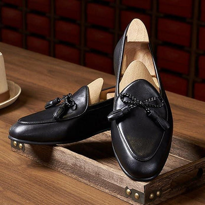 Men's Black Woven Tassel Loafers, Handmade Leather Shoes – Custom Slip On Moccasin, Wedding Shoes for Men
