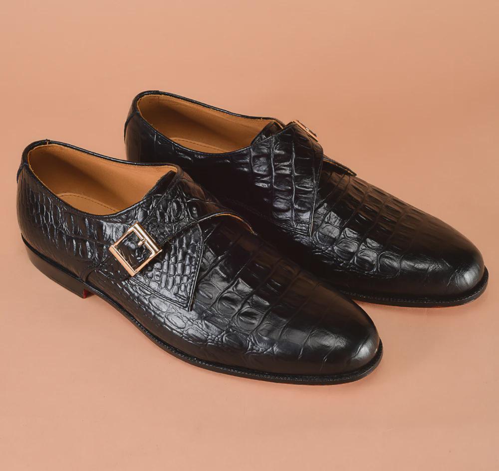 Handmade Black Alligator Leather Monk Strap Custom Shoes for Men, Gift for him,