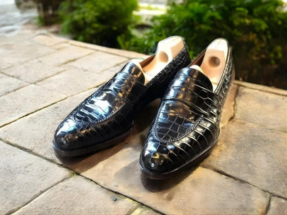 Handmade Mens Shoes Black Crocodile Leather Moccasin Shoe, Men's Fashion Formal Shoes.