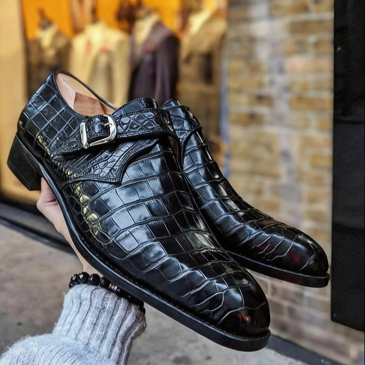 Handmade Black Crocodile Leather Monk Strap Shoes: Men's Formal Fashion shoes