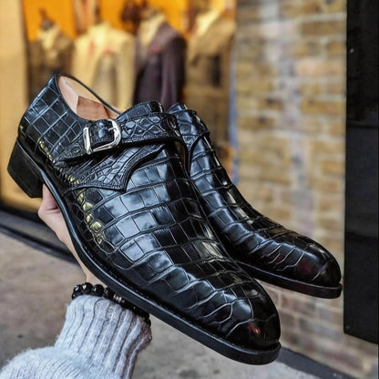 Handmade Black Crocodile Leather Monk Strap Shoes: Men's Formal Fashion shoes