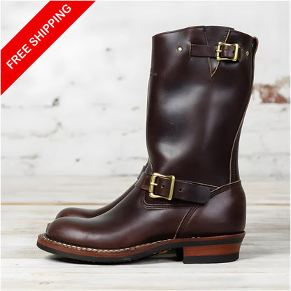 Handmade Mens Brown Leather Engineer boots, Mid‑Calf Biker Boots with Buckle Straps, Work boots