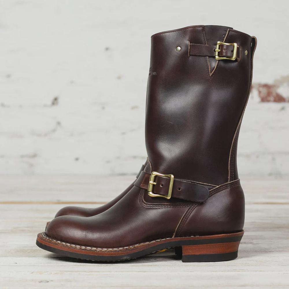 Handmade Mens Brown Leather Engineer boots, Mid‑Calf Biker Boots with Buckle Straps, Work boots