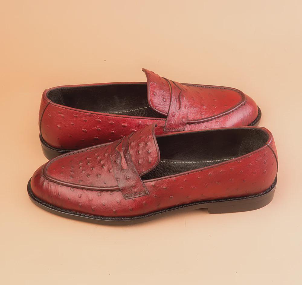 Handmade Custom shoes Brown Ostrich Genuine Leather Loafers: Men's Slip-On Shoes