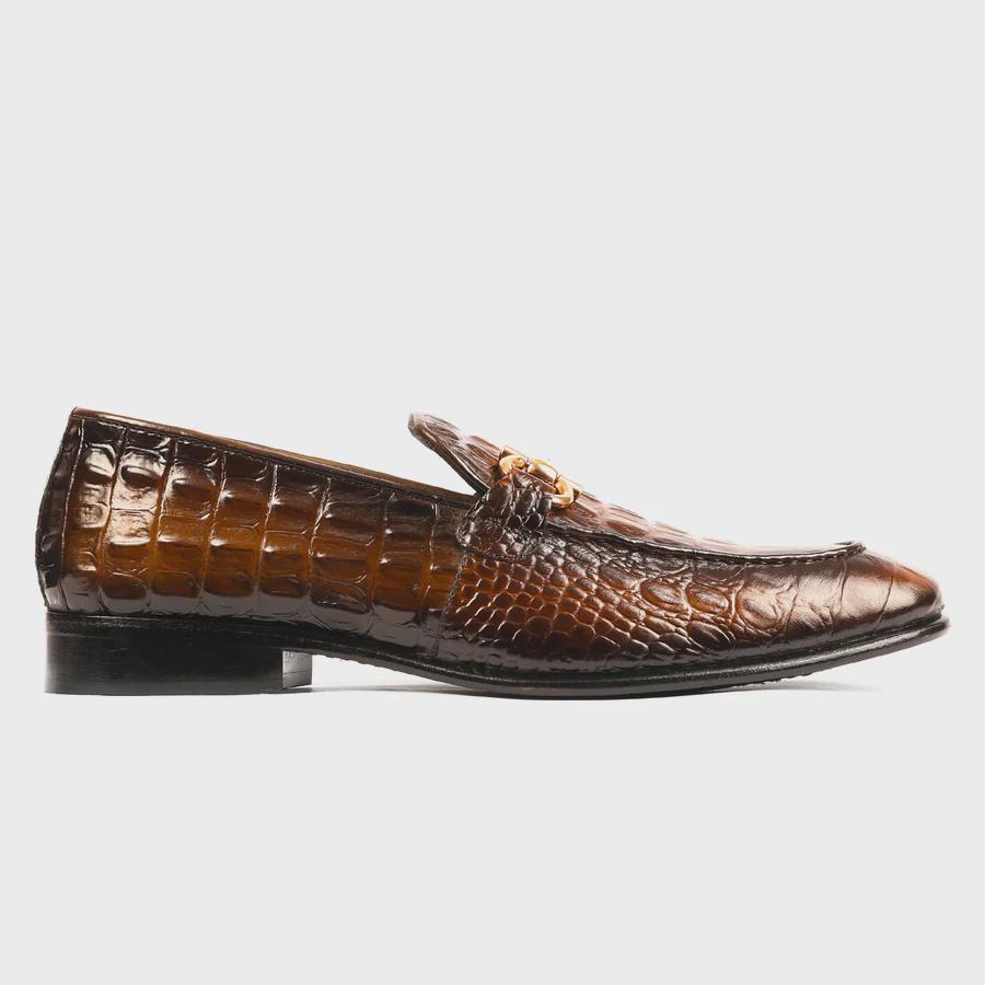Handmade Mens shoes Genuine Leather Alligator Textured Brown Slip On Loafers, Custom shoes