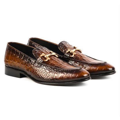 Handmade Mens shoes Genuine Leather Alligator Textured Brown Slip On Loafers, Custom shoes