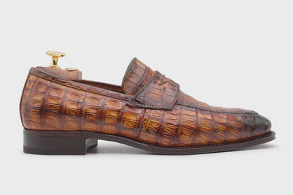 Handmade Crocodile shoes Printed Leather mens Loafer, brown leather loafers alligator shoes men