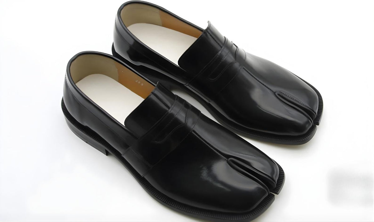 Handmade Tabi Shoes | black leather Split Toe slip-on tabi Loafers, gift for him