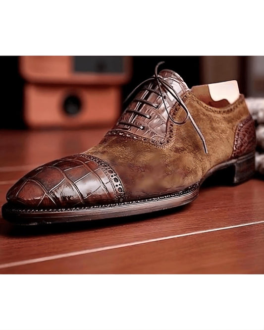 Alligator and Suede Leather shoes handmade Wingtip Oxford dress mens shoes, gift for him