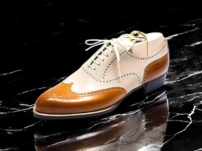 Handmade Two Tone Leather mens Oxford Shoes Wingtip Brogues mens shoes, ,made to your measurement