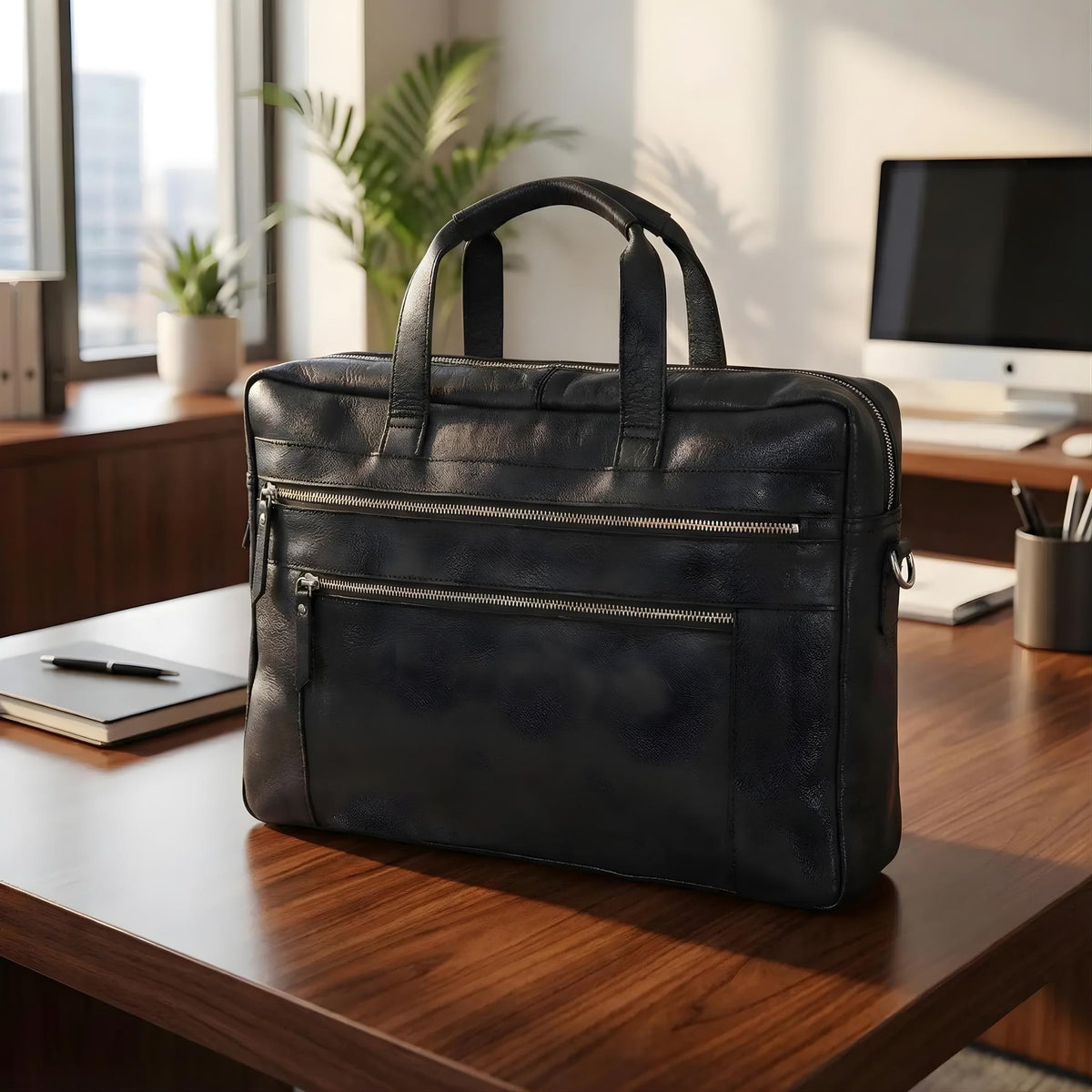 Handmade black crazy horse leather laptop bag | handmade leather laptop case | Office Work laptop Bag for Men and Women | Personalized Gift