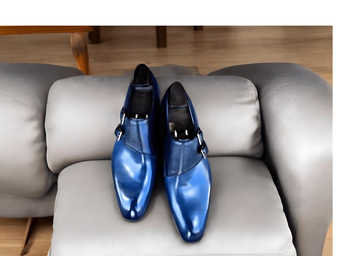 Handmade single monk strap shoes Two Tone Blue cowhide Leather Monk Strap Formal Fashion mens shoes, gift for him