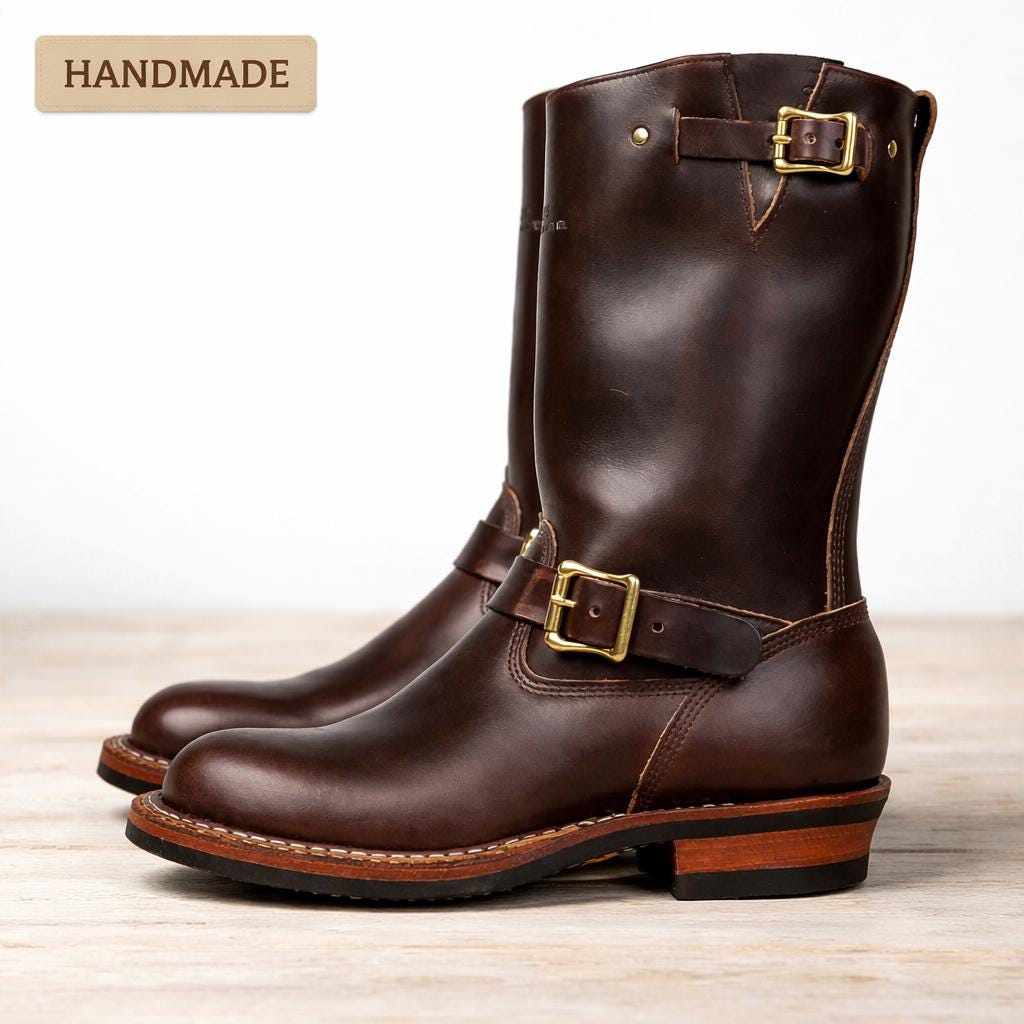 Engineer Boots Men Handmade Leather Engineer Boots Brown Biker Boots Vintage Motorcycle Boots Rugged Work Style Boots