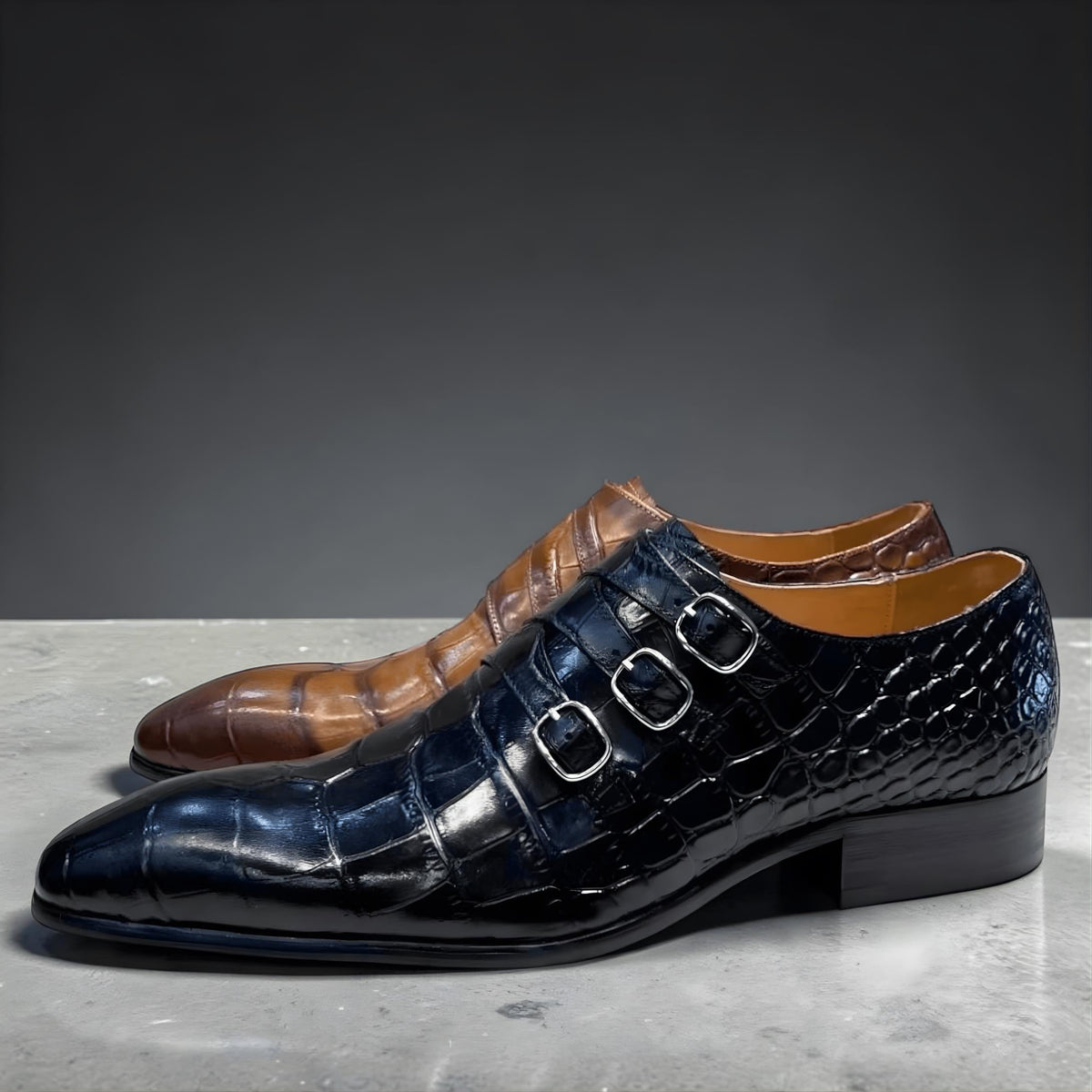 Triple monk strap shoes mens leather shoes – handmade alligator leather shoes | wedding shoes, gift for him