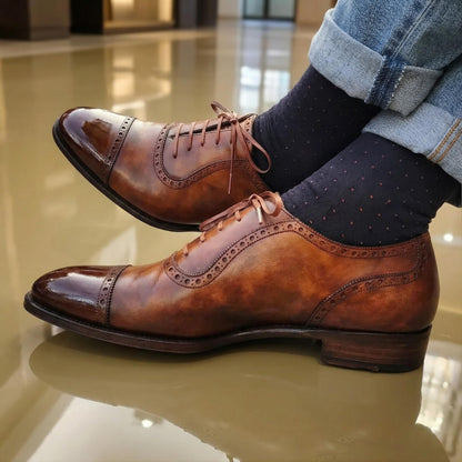 Brown brogue mens shoes – handmade cap toe Oxford leather dress shoes | wedding shoes, gift for him