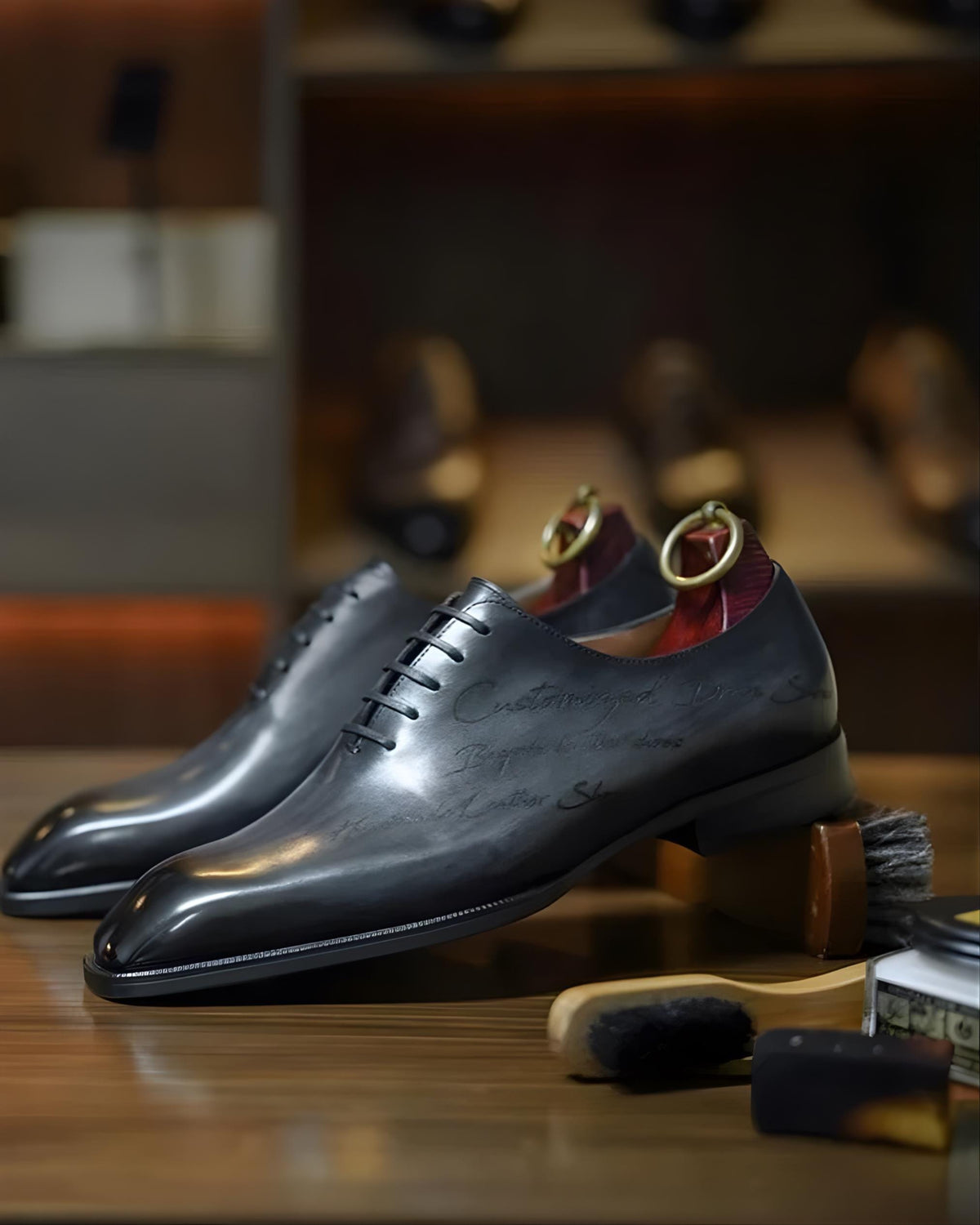 Engraved mens leather shoes –Made to your measurement, handmade grey wholecut Oxford dress shoes | custom groom shoes, gift for him