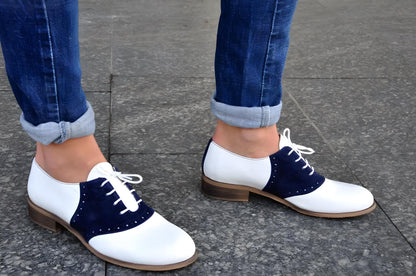 Saddle shoes womens made to your measurement handmade white leather navy suede Oxford lace ups | vintage shoes, gift for her