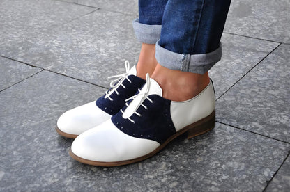 Saddle shoes womens made to your measurement handmade white leather navy suede Oxford lace ups | vintage shoes, gift for her