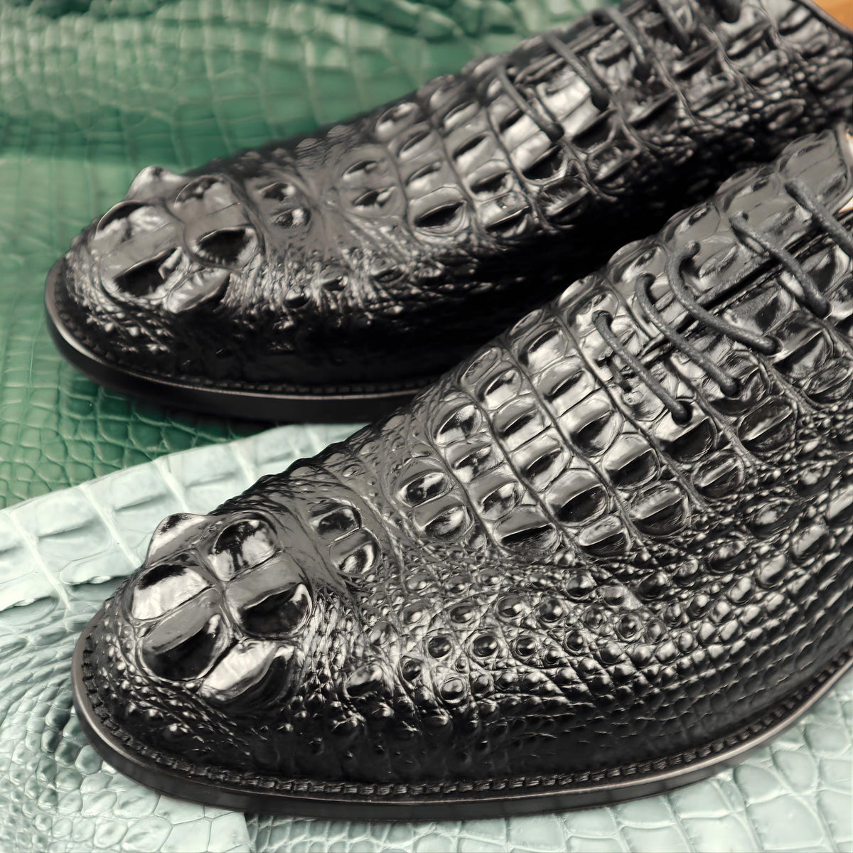 Handmade Men's Wholecut Shoes Black Alligator printed leather mens oxfords | gift for him
