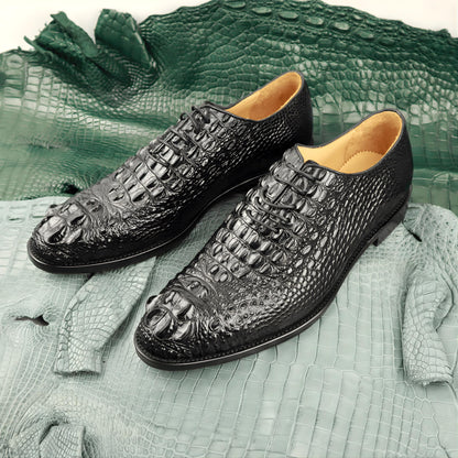 Handmade Men's Wholecut Shoes Black Alligator printed leather mens oxfords | gift for him
