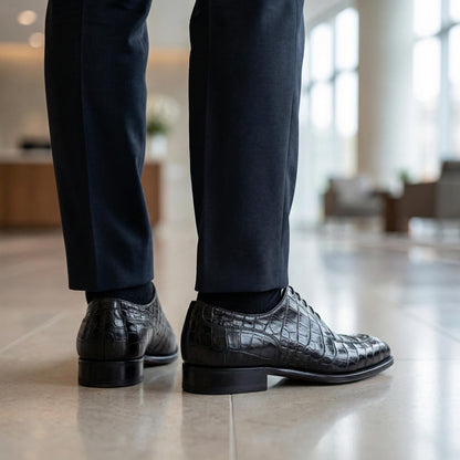 Alligator shoes mens black handmade crocodile embossed wholecut Oxfords dress shoes | wedding shoes, groom gift for him