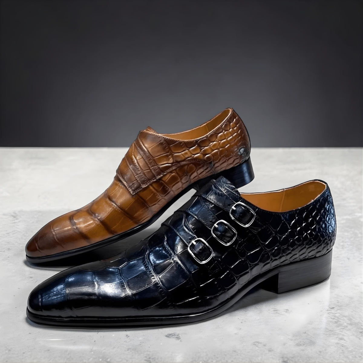 Triple monk strap shoes mens leather shoes – handmade alligator leather shoes | wedding shoes, gift for him
