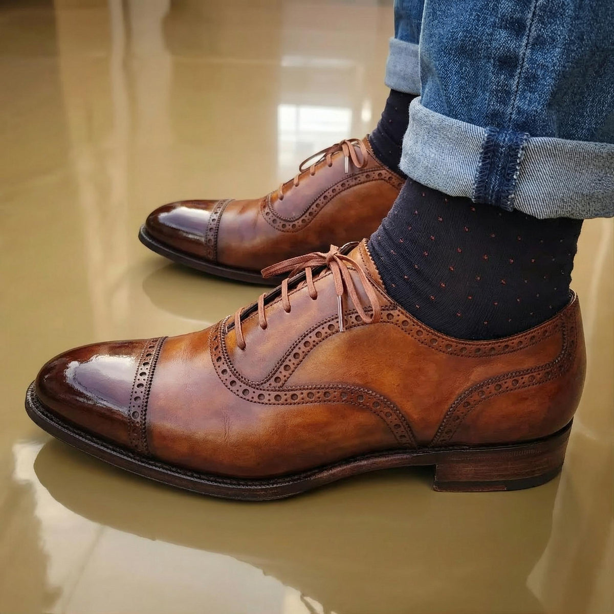 Brown brogue mens shoes – handmade cap toe Oxford leather dress shoes | wedding shoes, gift for him