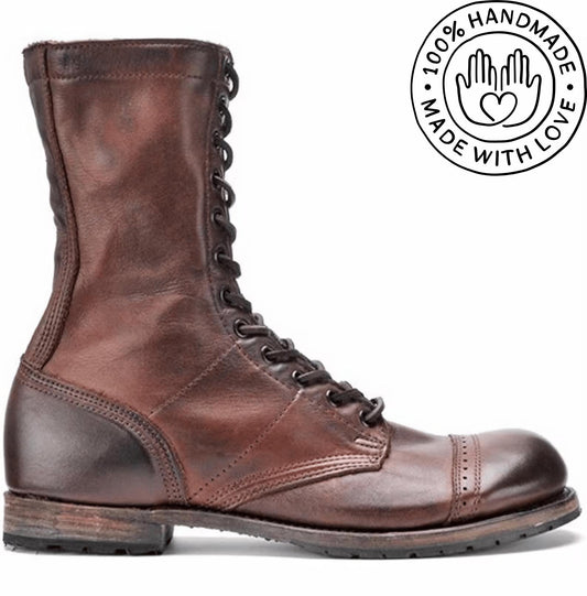 Handmade Brown Leather Combat Boots: Vintage Military Lace Up Ankle Boots, leather boots custom made to your foot measurement